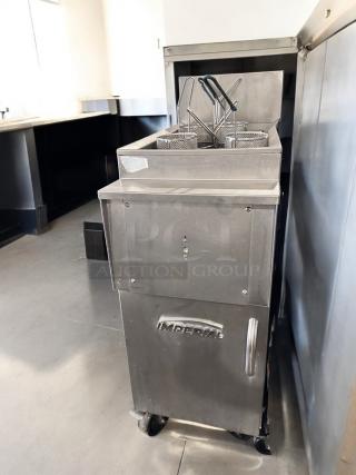 Pitco VF35 gas fryer, 70,000 BTU, with baskets. Stainless steel design, shown in a kitchen. Excellent working condition.