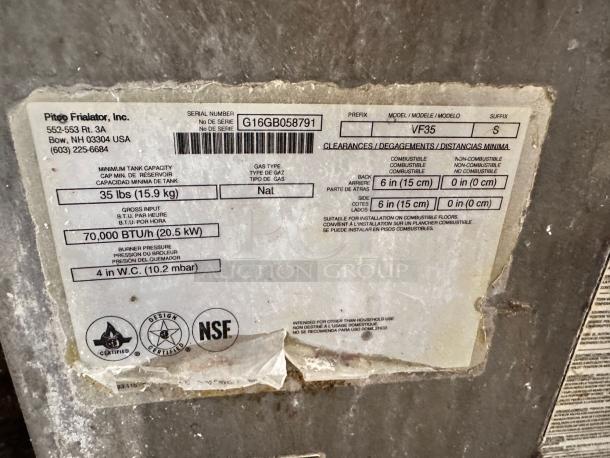 Pitco VF35 gas fryer label, indicating 70,000 BTU, 35 lbs capacity, NSF certified, natural gas type, fully tested.