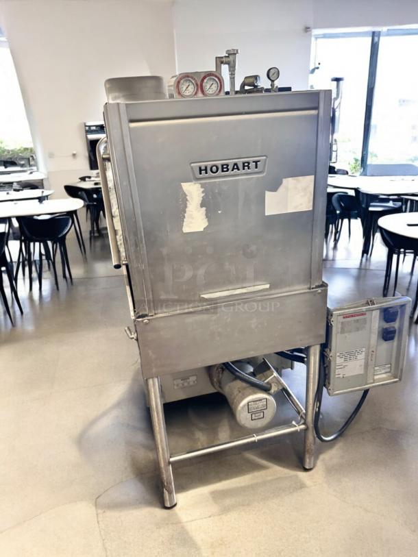 Hobart AM-12 high-temp commercial dishwasher, outstanding condition, 208-230V, fully tested and operational, visible gauges.