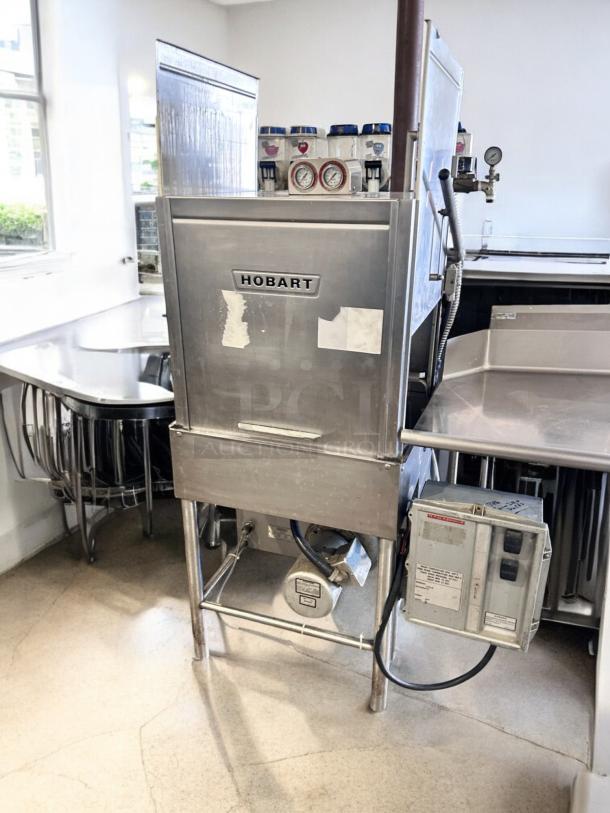 Hobart AM-12 high-temperature commercial dishwasher, outstanding condition, fully tested, operational, 208-230V, stainless steel.
