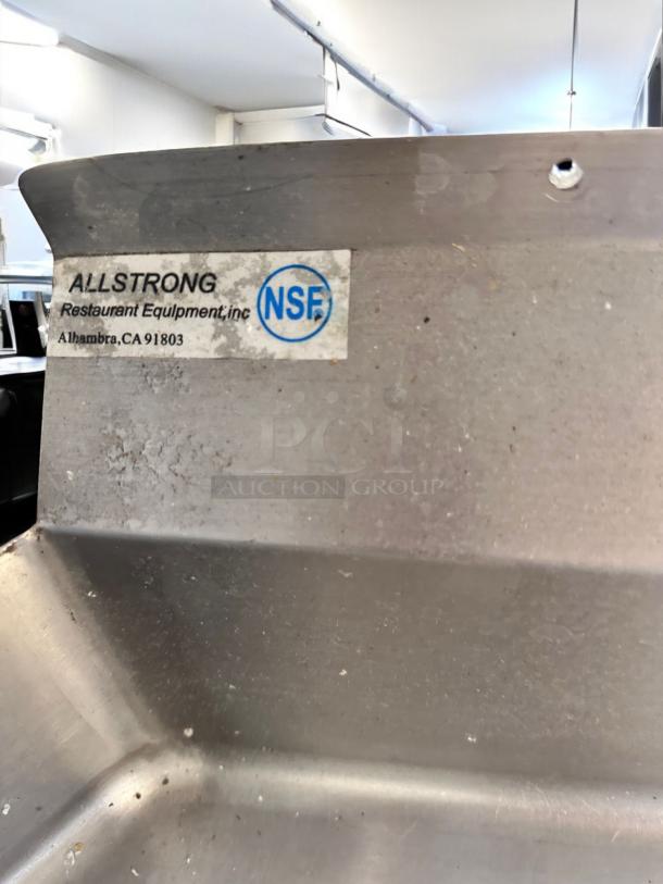 Allstrong stainless steel work table, 37"W x 30"D x 36"H, excellent condition, NSF certified, visible label from Alhambra, CA.