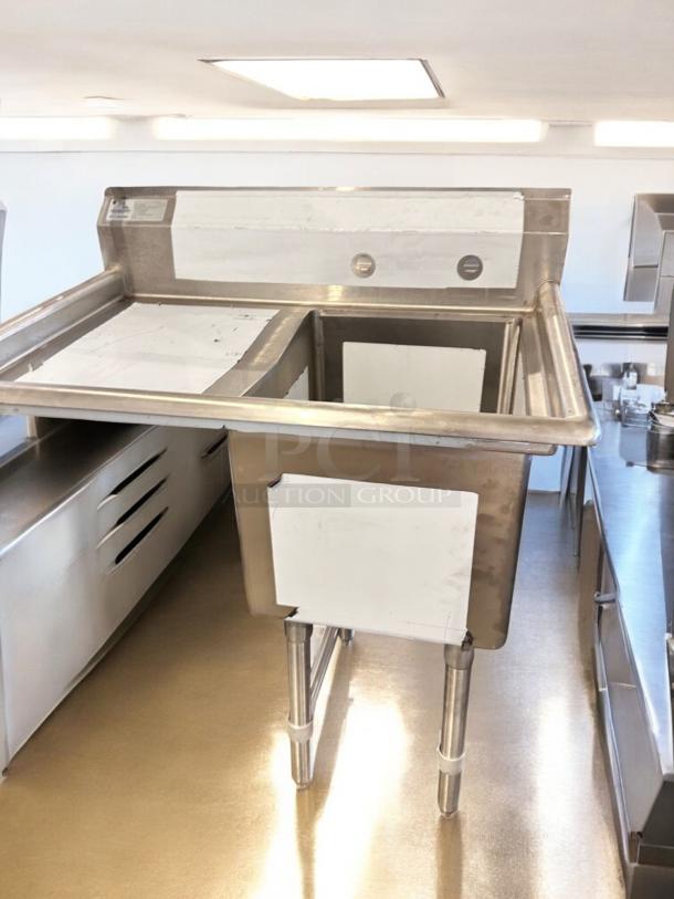 Brand new Advance Tabco FC-1-1620-18L one compartment stainless steel sink with left drainboard, NSF certified.