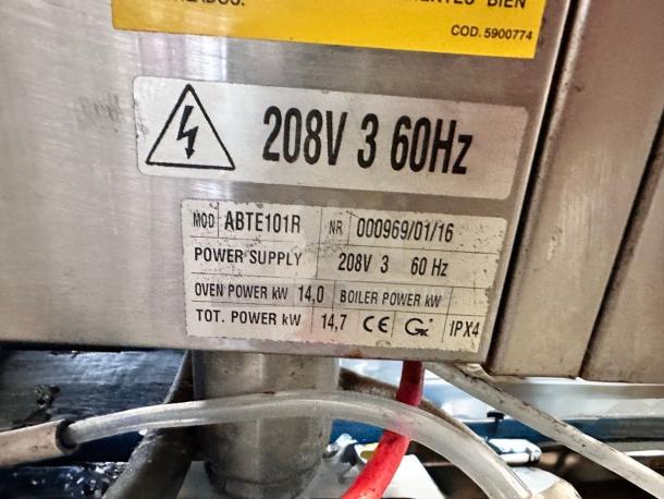 BKI Giorik ABTE101R electric combi oven label showing 208V 3PH, 60Hz, 14 kW oven power, fully tested and operational.