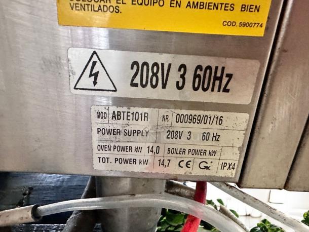 BKI Giorik ABTE101R electric combi oven label; shows 208V 3PH, 60Hz, 14.0 kW total power; brand new, tested.