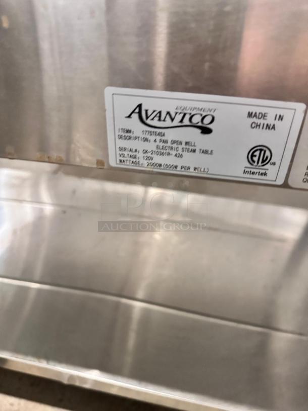 Avantco 177STE45A steam table, excellent condition, 4-pan capacity, 120V. Label shows model, voltage, and wattage details.