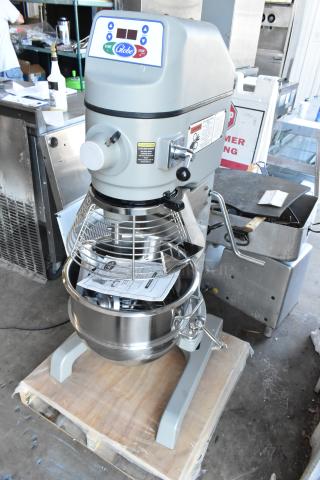 Brand new Globe SP30 30-quart planetary dough mixer. Includes mixing bowl, bowl guard, dough hook, whisk, and paddle. 115 Volts, 1 phase.