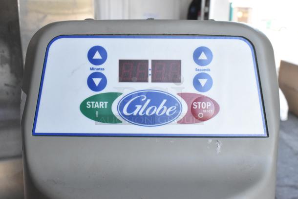 Globe SP30 dough mixer control panel, features start/stop buttons and timer display on a scratch and dent model.