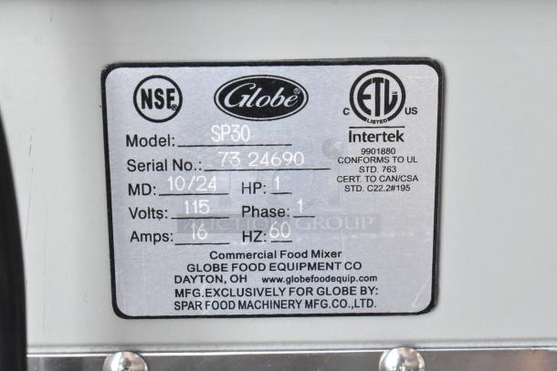 Label of Globe SP30 Planetary Dough Mixer; details: Serial 7324690, 115V, 1 Phase, NSF/ETL certified, made by Spar.