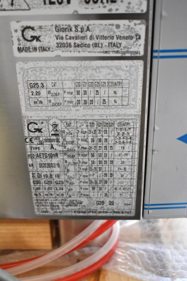Brand new Bakers Pride AETG101R stainless steel commercial gas oven. Model plate with specs, made in Italy.