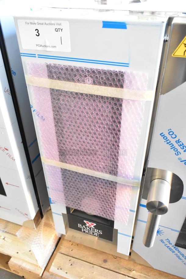 Brand new Bakers Pride AEHE061R stainless steel electric combi convection oven, 208V, 3 phase, with packaging.