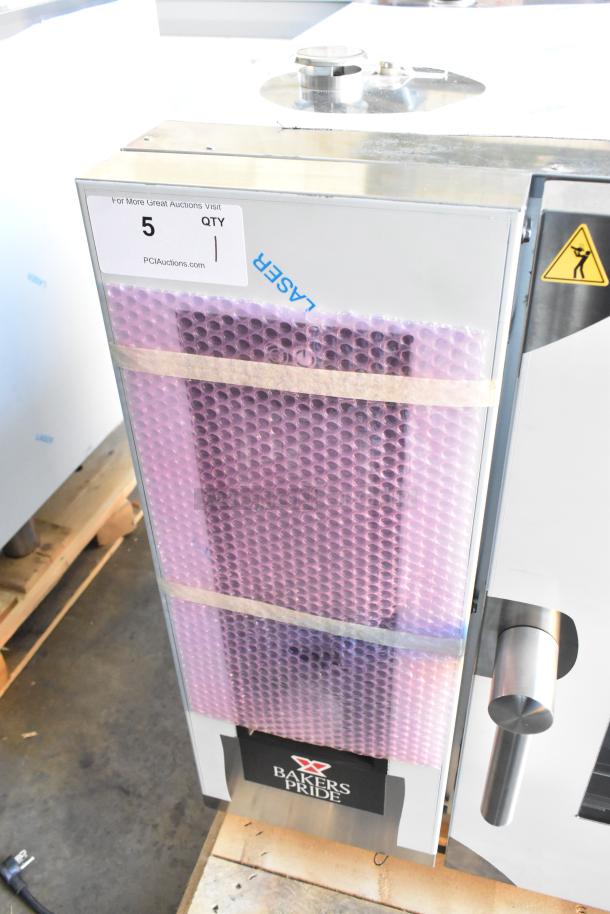 BRAND NEW Bakers Pride AEHE061R stainless steel commercial electric combi convection oven, 208V, 3 phase, wrapped in purple bubble wrap.