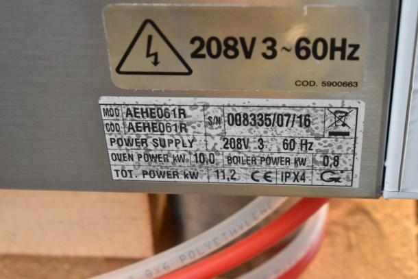 BRAND NEW Bakers Pride AEHE061R stainless steel combi convection oven label. Model AEHE061R, 208V, 3 Phase, 11.2 kW.