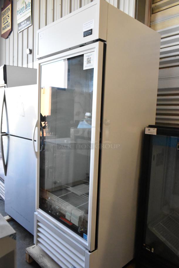 Brand new 2025 True TSCI-600R-G-PH metal commercial single door reach-in cooler. Features poly-coated racks, glass door, 115V.