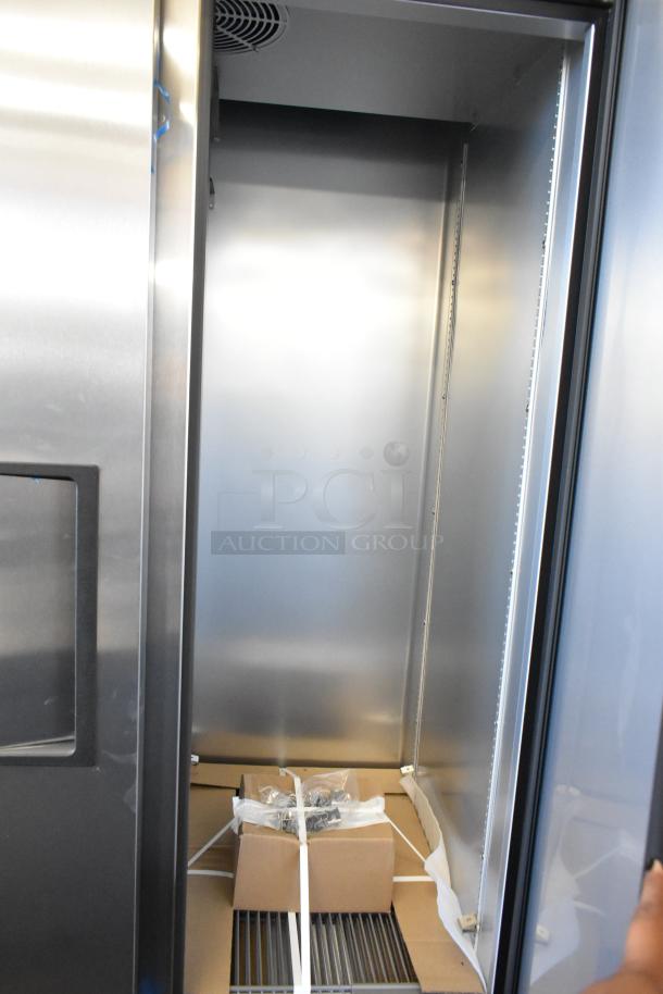Brand new 2025 True T-35-HC stainless steel commercial 2-door cooler with poly-coated racks, 115V, 1 phase.