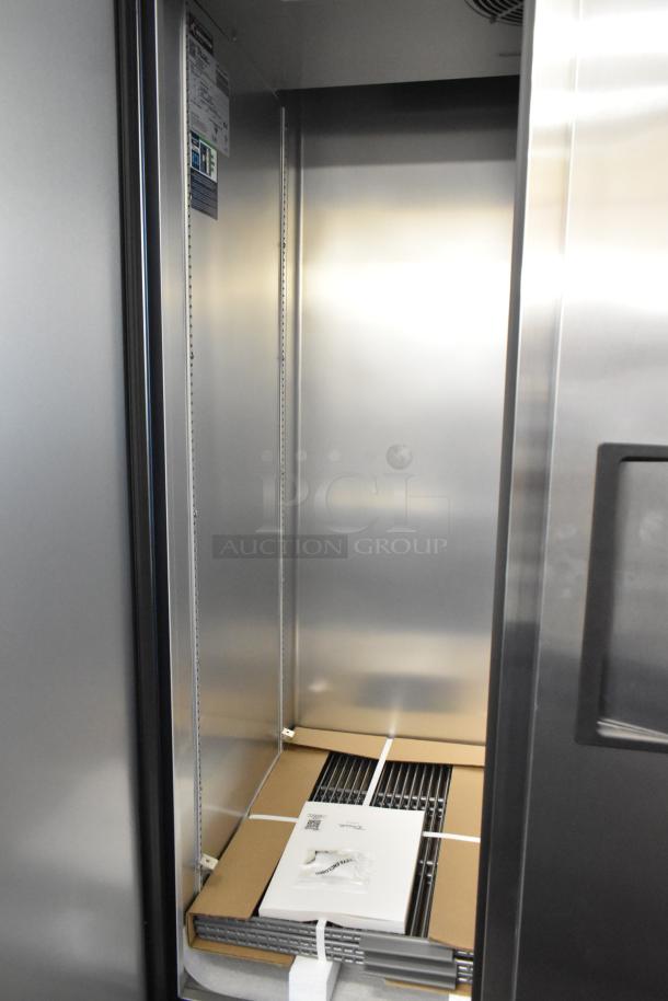 Brand new 2025 True T-35-HC stainless steel commercial cooler, 2-door, 115V, with poly-coated racks, tags visible.