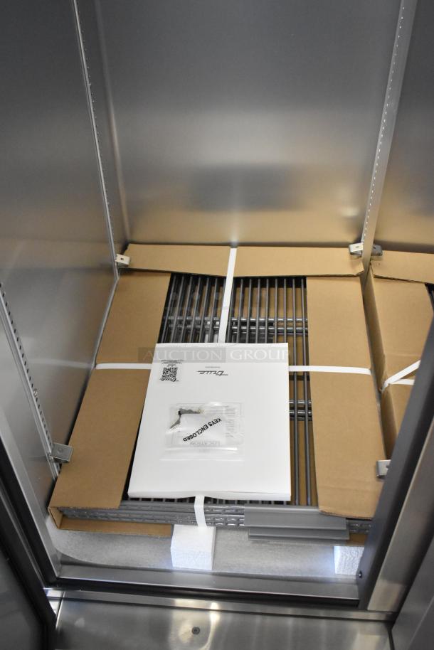 Brand new True T-35-HC stainless steel 2-door commercial cooler with poly coated racks, 115V, 1 phase, packaging intact.