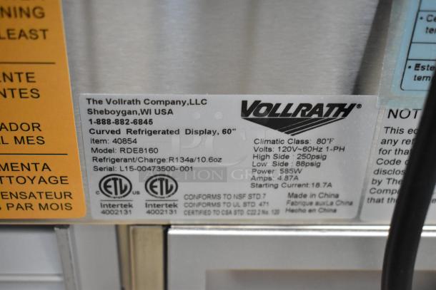 Brand new Vollrath RDE8160 60" curved glass refrigerated display cabinet, 120V, 1 phase, model details and certifications shown.