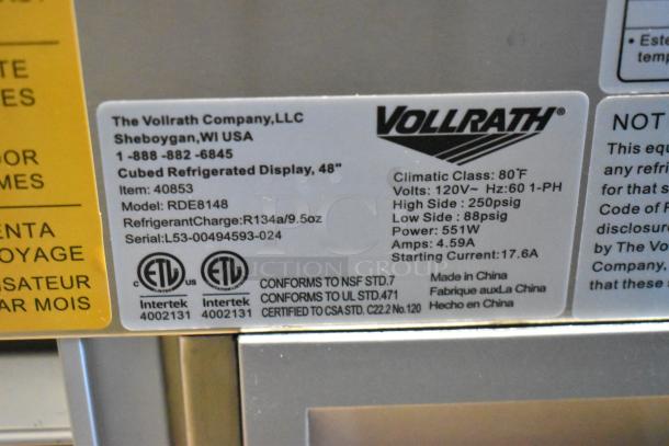 Label of a Vollrath RDE8148 48" refrigerated display cabinet, showing specifications like 120V, 551W, and certification marks.