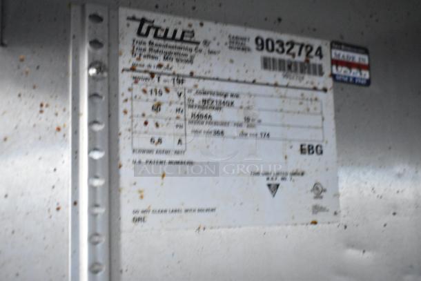 2017 True T-19F stainless steel commercial freezer label, 115 volts, 1 phase, showing model and manufacturing details.