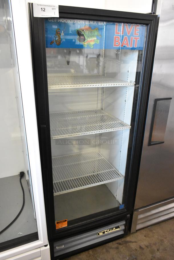 True GDM-12 single door cooler merchandiser, poly coated racks, 115 volts, commercial use. Signage: "Live Bait."