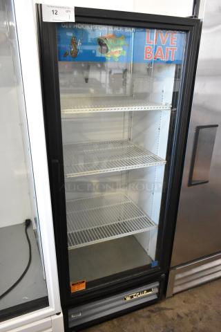 True GDM-12 single door cooler merchandiser, poly coated racks, 115 volts, commercial use. Signage: "Live Bait."