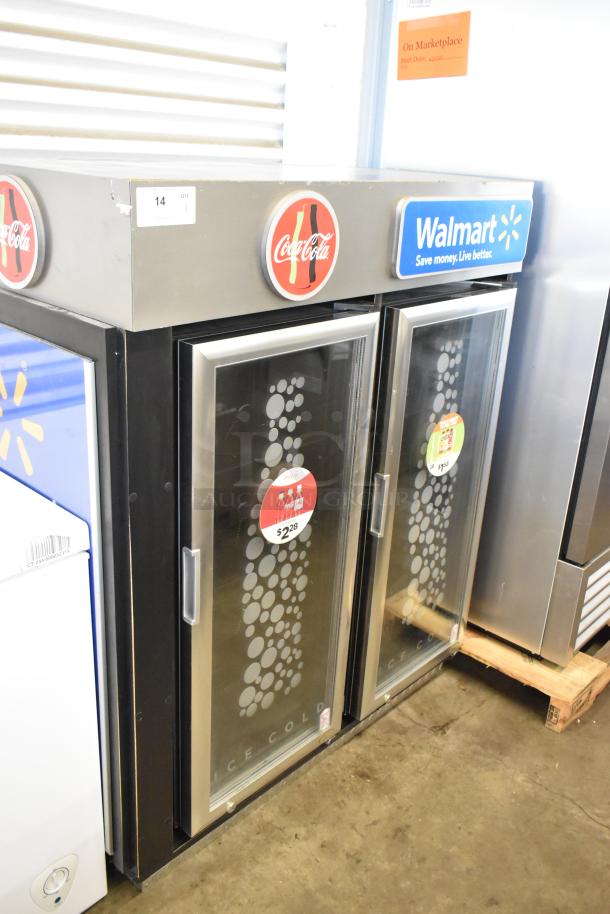 IDW GS-4-HA234B metal 2-door reach-in cooler with poly coated racks. Features Coke branding, glass doors. 115V, 1 phase.