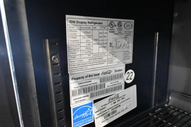 IDW GS-4-HA234B commercial cooler label details, showing model, specifications, and Energy Star certification.