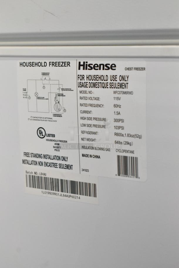 Hisense WFC070M6RWD chest freezer label showing model, voltage (115V), frequency (60Hz), UL listed, made in China.