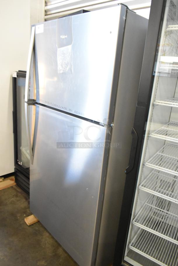 Brand new Whirlpool WRT311FZDM05 stainless steel fridge with freezer, 115V, 1 phase, minor scratches, top freezer design.