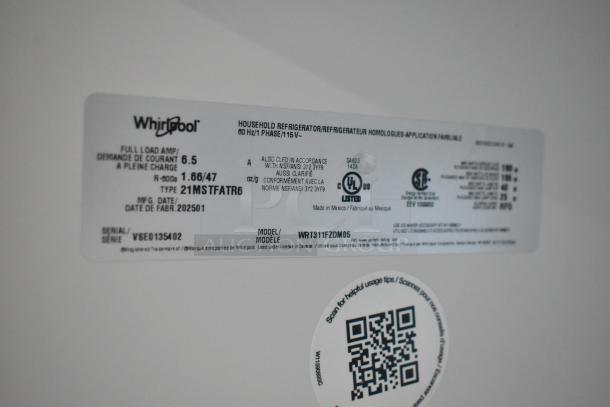 Label on Whirlpool WRT311FZDM05 unit showing model, serial number VSE0135402, and electrical specifications, 115V, 1 Phase.