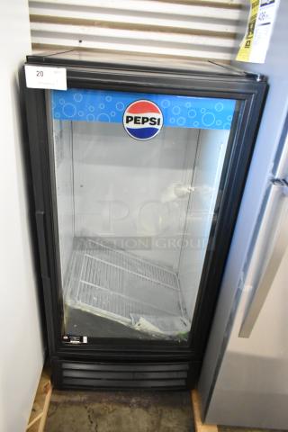 2017 True GDM-10-HC-LD commercial single door cooler, Pepsi branding, poly-coated racks, 115V, good condition.