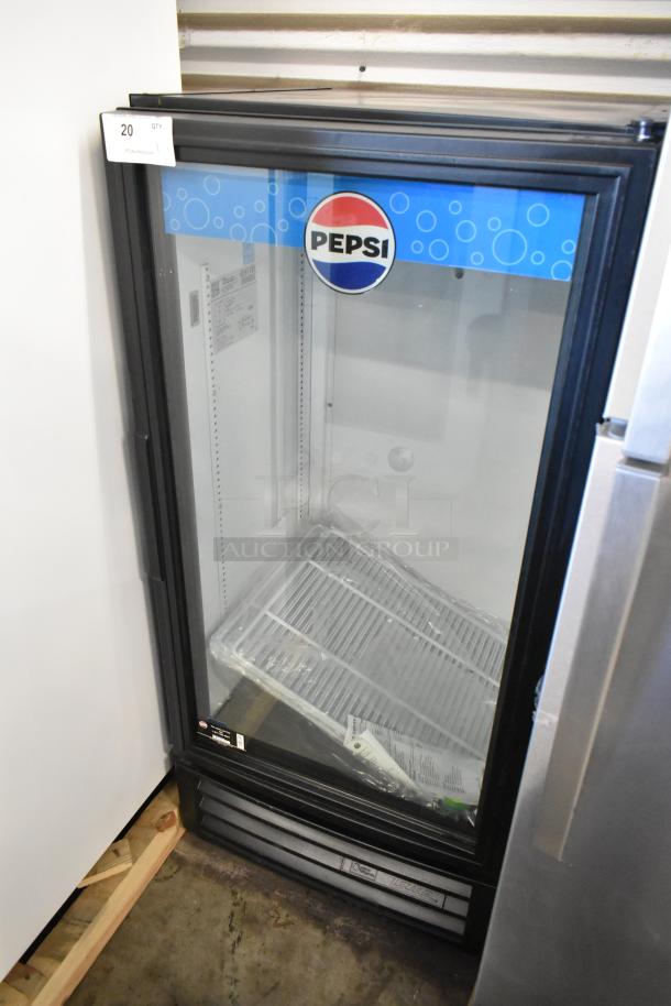 2017 True GDM-10-HC-LD single door reach-in cooler, glass display with Pepsi branding, poly coated racks, 115V, 1 phase.