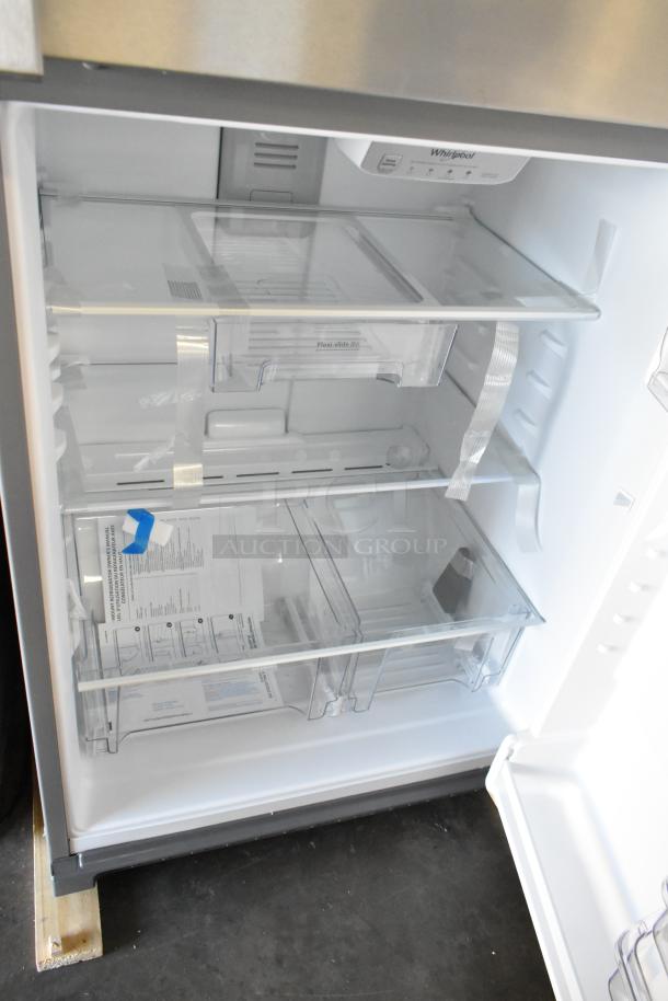 BRAND NEW 2025 Whirlpool WRT311FZDM05 stainless steel fridge with freezer, 115V, 1 Phase, interior view, scratch and dent.