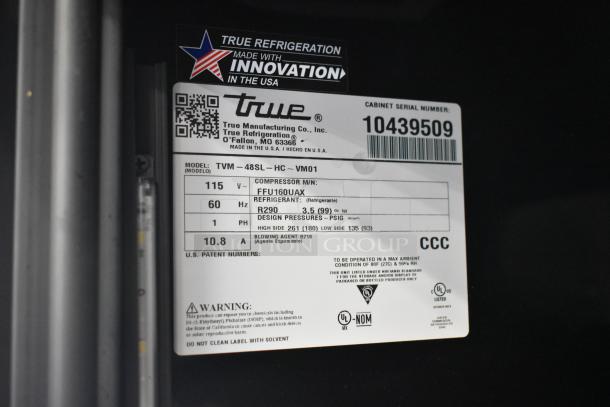 2022 True TVM-48SL-HC commercial 2-door cooler label, 115V, R290 refrigerant. Barcode: 10439509. Made in USA.