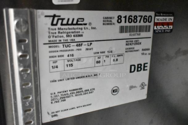 True TUC-48F-LP stainless steel 2-door undercounter freezer label showing model details and specifications. Made in USA.