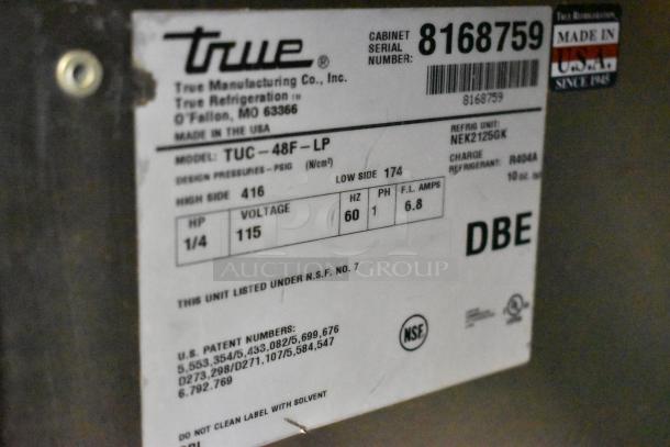 True TUC-48F-LP stainless steel commercial undercounter freezer label. Features 115V, 1 phase, made in USA. Model details and certifications shown.