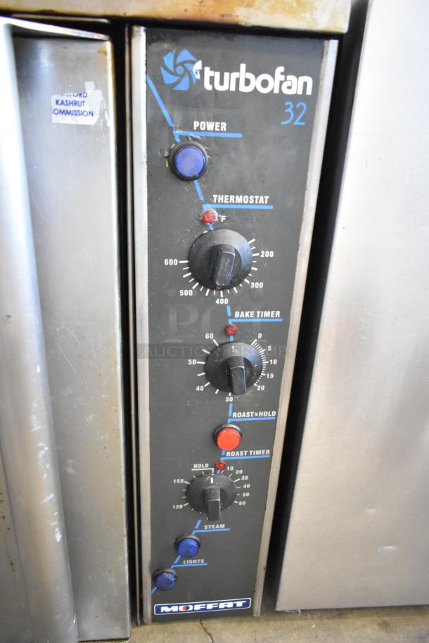 Moffat Turbofan E32MS convection oven with thermostatic controls; stainless steel; commercial use; visible controls and labels.