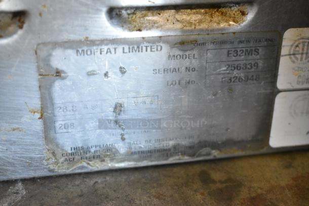 Moffat Turbofan E32MS convection oven label displaying model, serial number 256839, and lot number 0326948.