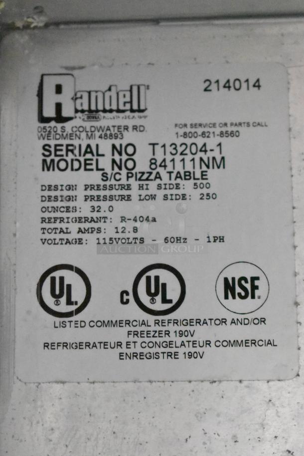 Randell 84111NM Stainless Steel Pizza Prep Table, 115V, 1 Phase. Features UL and NSF certifications.