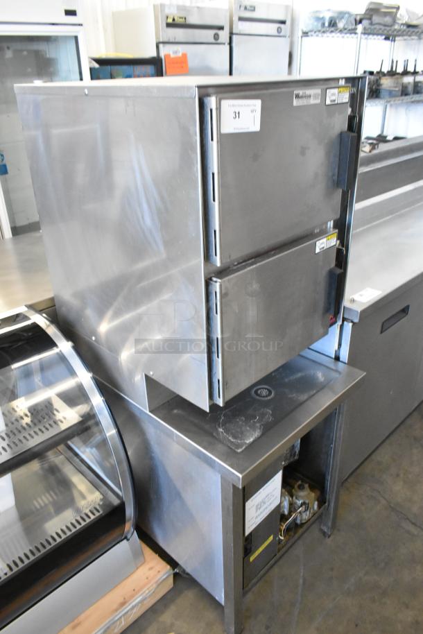 Groen HY-6G HyPer Steam cabinet, stainless steel, 2-deck, natural gas, 90,000 BTU, commercial use, auction tag visible.