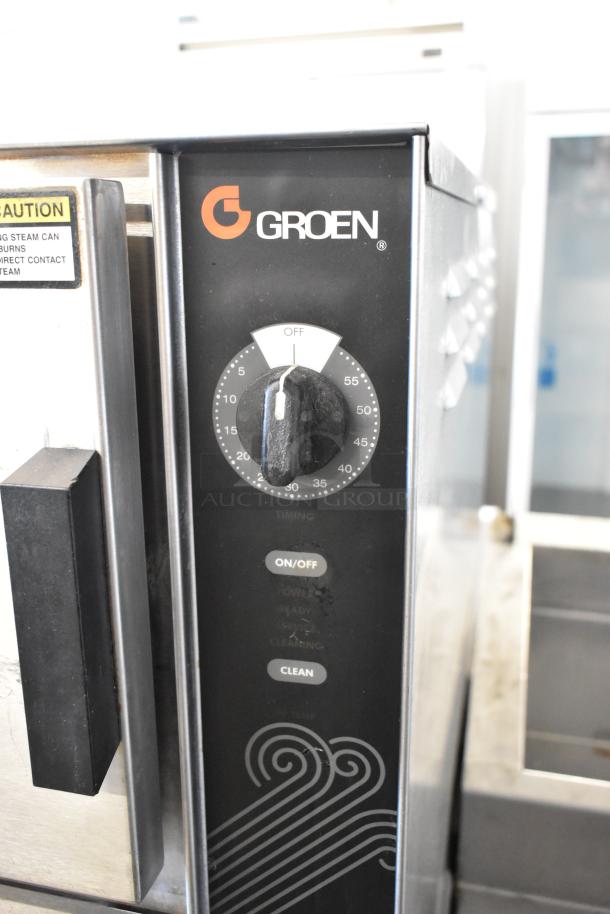 Groen HY-6G HyPer Steam stainless steel steam cabinet, commercial natural gas, 2 deck, 90,000 BTU, control panel shown.