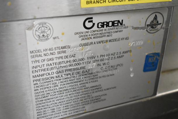 Groen HY-6G HyPer Steam stainless steel commercial steam cabinet, 90,000 BTU, natural gas powered, model details visible.