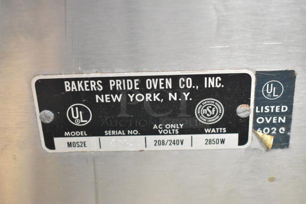 Bakers Pride MOS2E stainless steel electric pizza oven, 208/240V, broken cooking stones, label indicates 2850W.