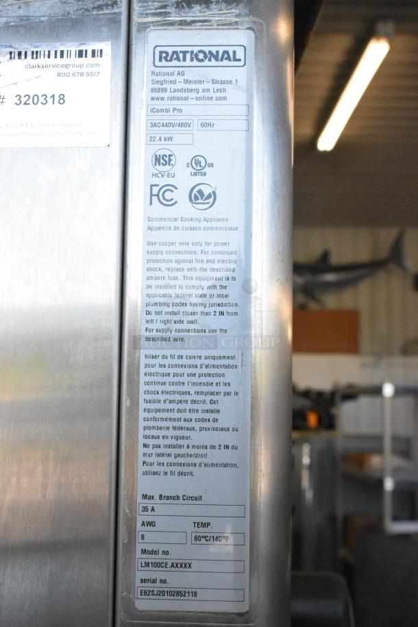 Stainless steel Rational iCombi Pro convection oven label, model LM100CE.AXXXX, 440/480V, 3 phase, commercial use.