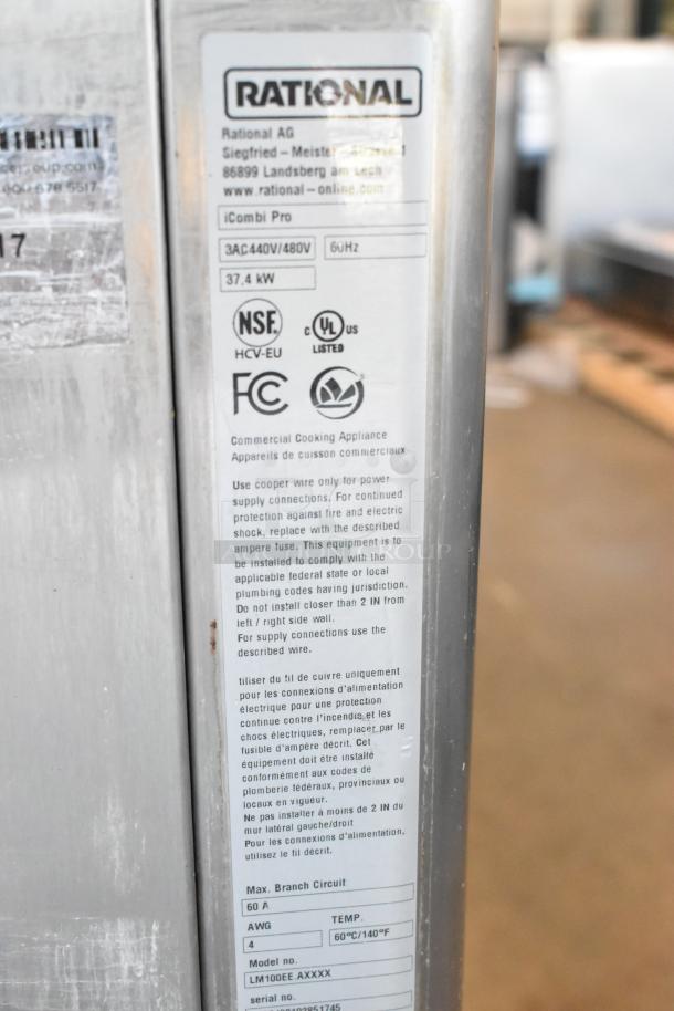 Rational iCombiPro label on stainless steel oven. 440/480V, 3-phase, 37.4kW. Model LM100EE.AXXXX. NSF, UL listed.