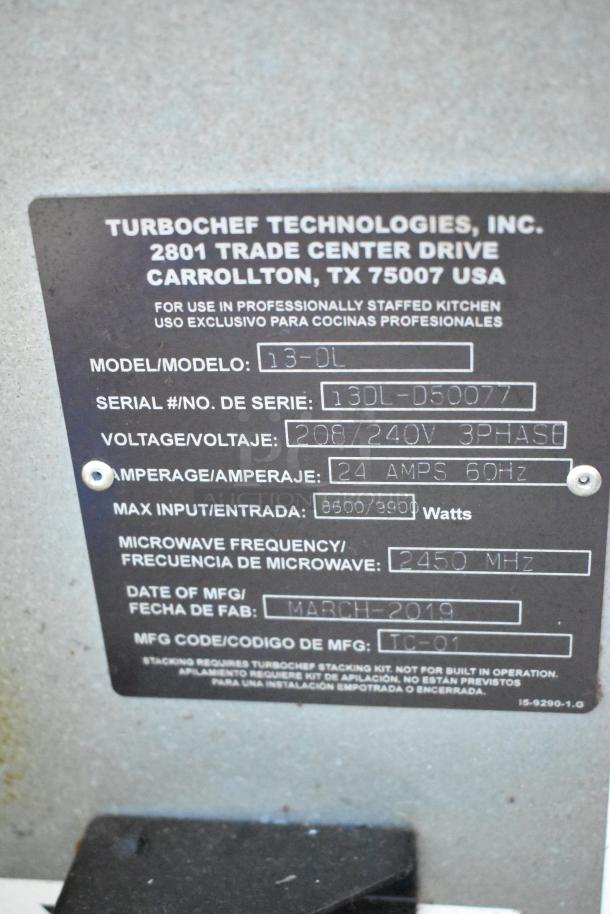 2019 Turbochef i3-DL stainless steel rapid cook oven label showing model and specifications, 208/240 volts, 3 phase.