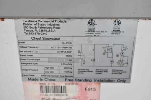 Excellence HL-11HC metal ice cream dipping cabinet with dipwell, 115 volts, 1 phase. Model info and specs visible.
