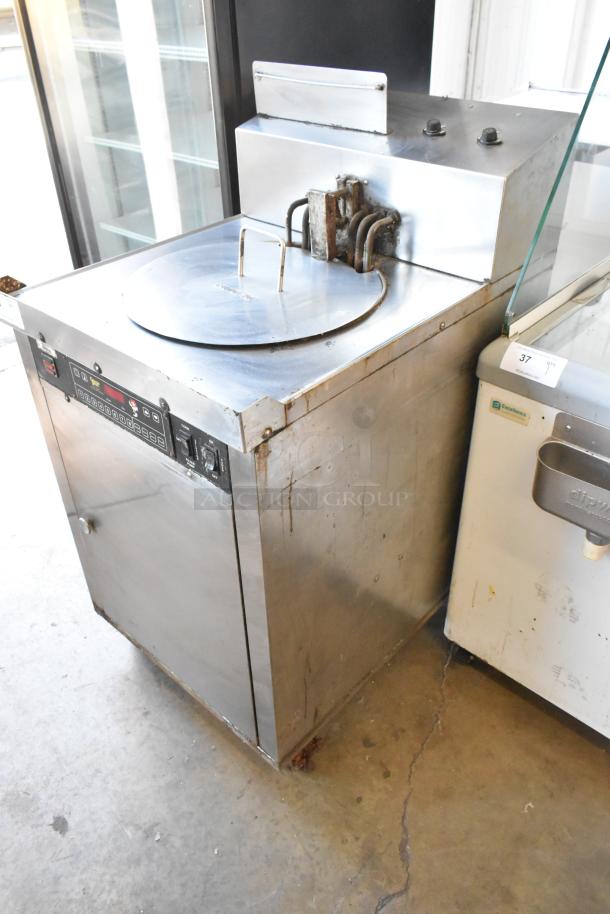 Chester Fried CF-500 stainless steel commercial floor-style electric deep fat fryer. 208V, 3 phase. Visible wear.
