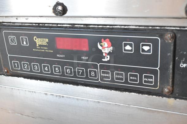 Chester Fried CF-500 stainless steel commercial fryer control panel, showing brand logo and numbered buttons.