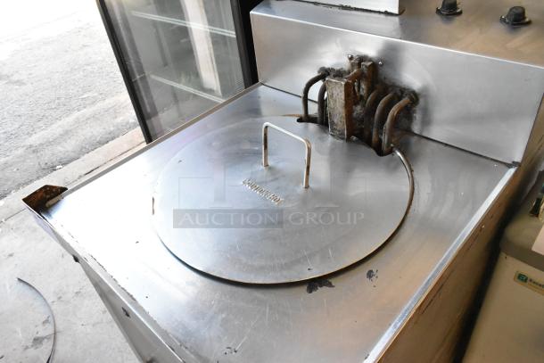 Chester Fried CF-500 stainless steel commercial deep fat fryer, electric, 208V, 3 phase, with lid, visible "Caution: Hot" marking.